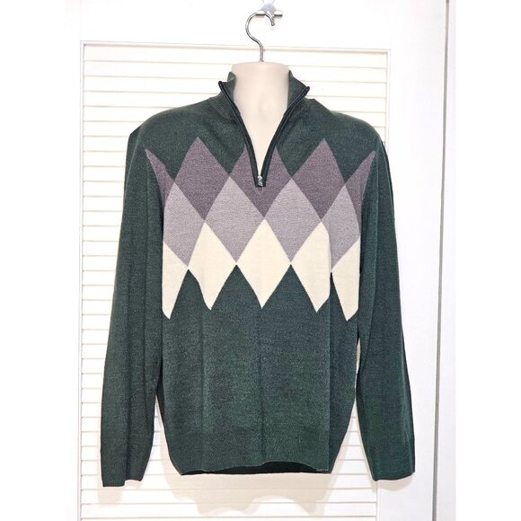 NWT Dockers Men's Argyle Green Gray White Cotton Quarter-Zip Sweater Sz L 2263 - Picture 4 of 8